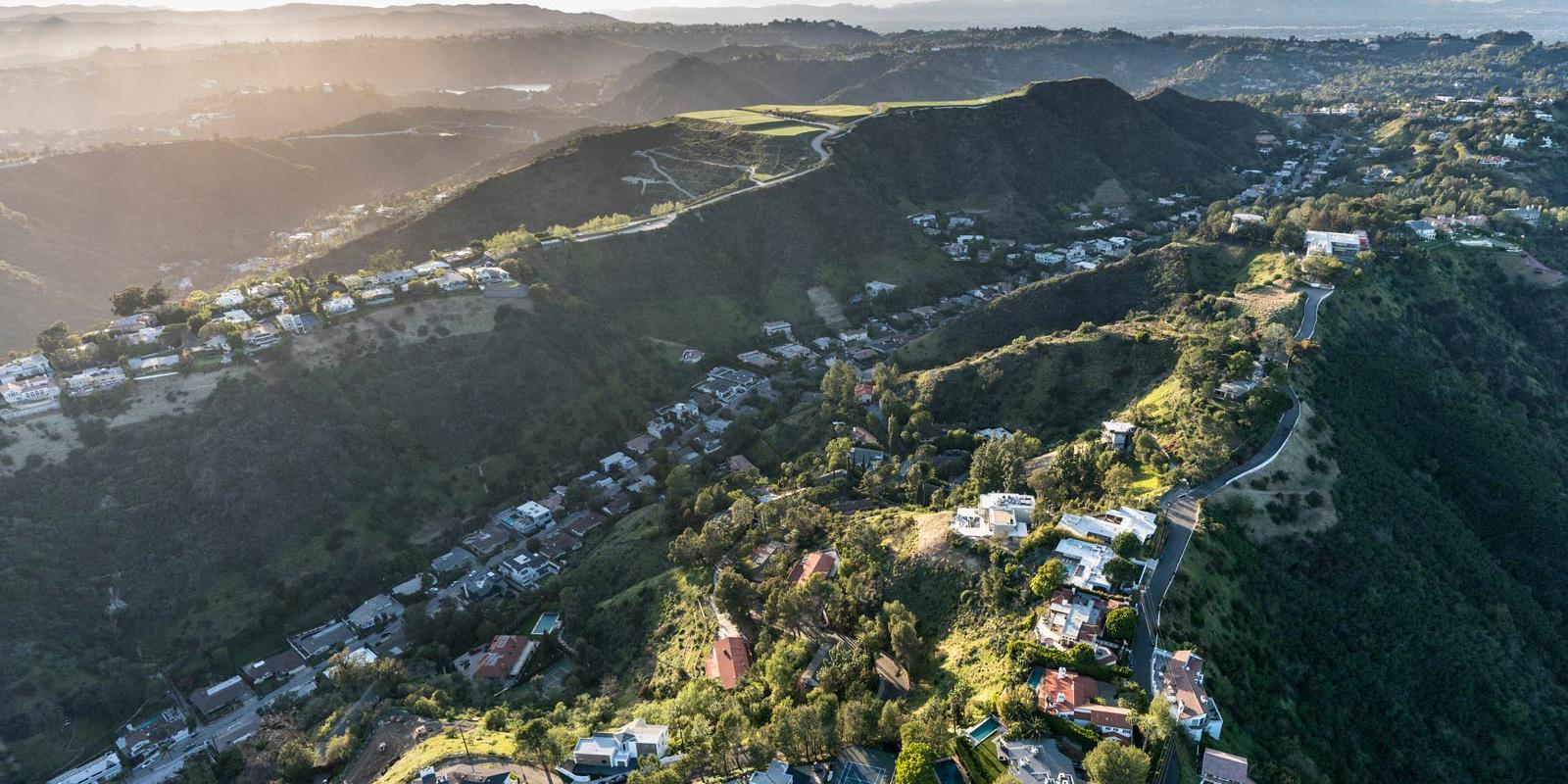Aerial view of houses along the Santa Monica Mountains.